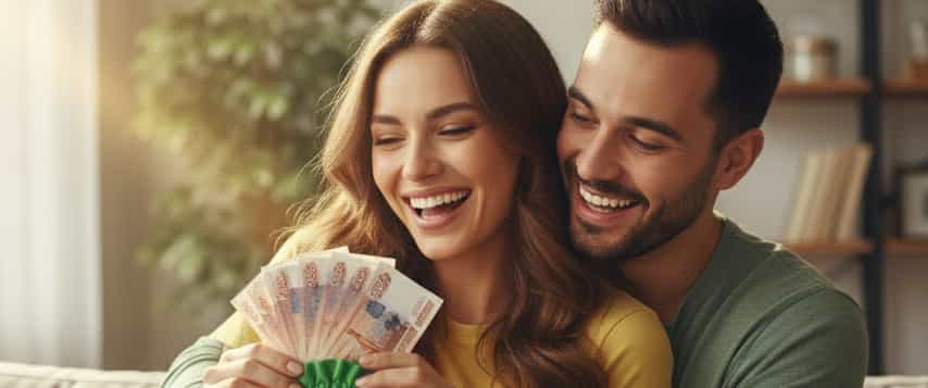 Молодая пара, радующаяся получению денег